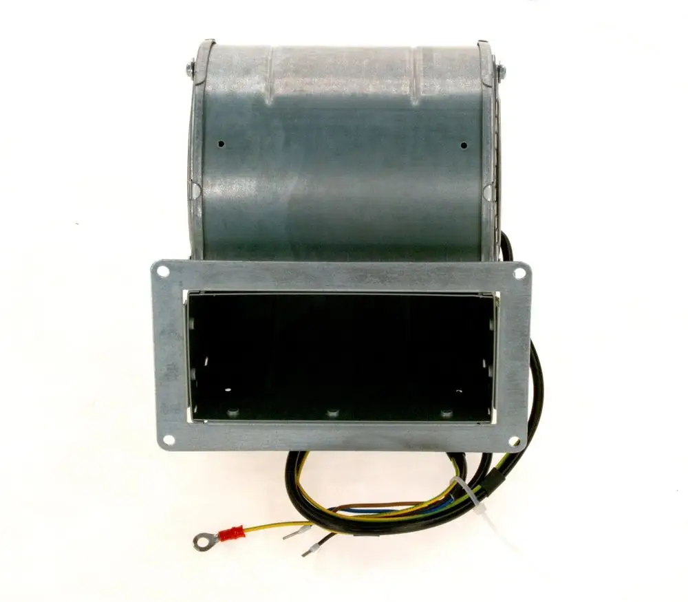 Gebläse von Bosch mit metallischem Gehäuse und Kabelanschlüssen. Es zeigt die Rückseite, die Anschlussmöglichkeiten und die Öffnung für die Montage.
